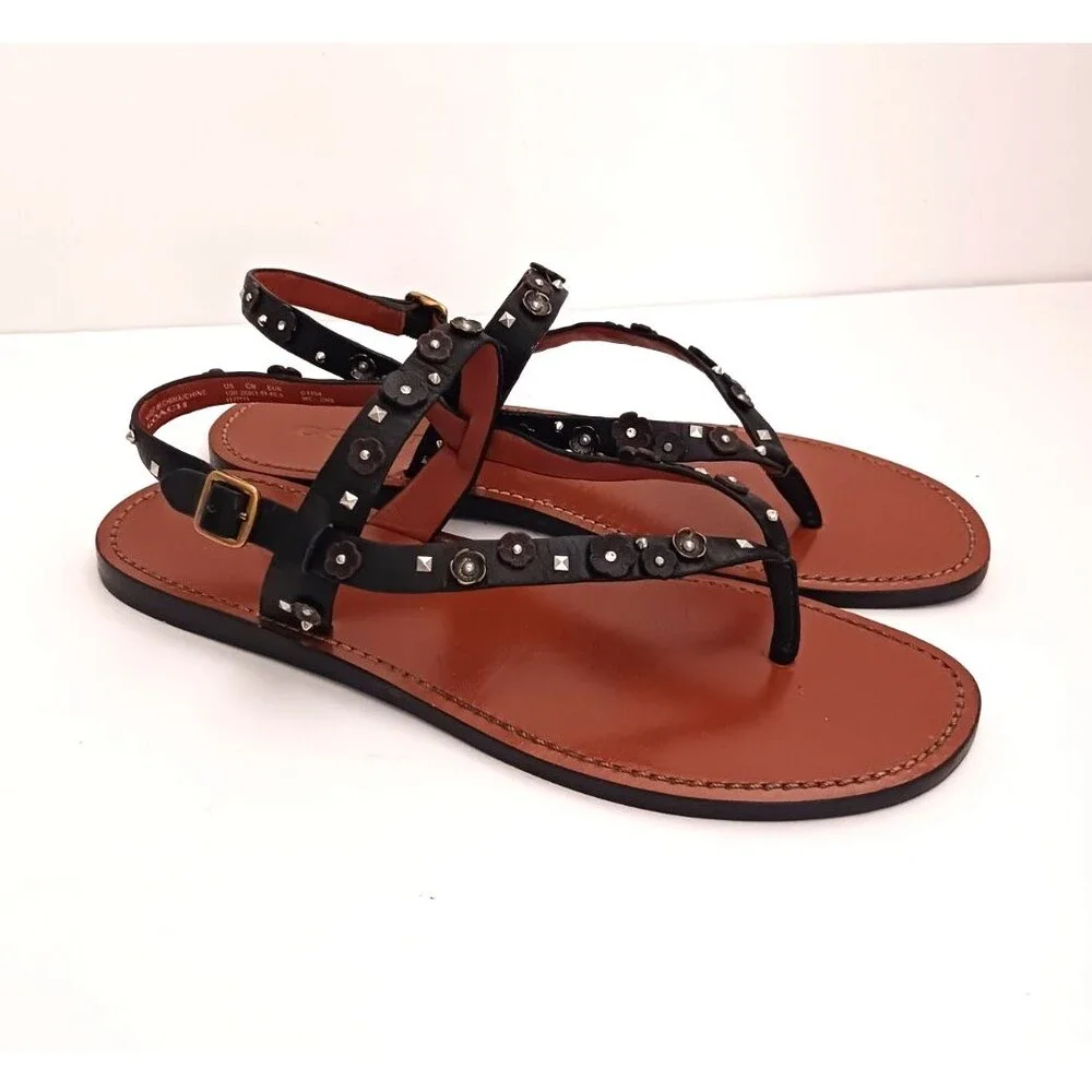 Coach Tea Rose Blk Leather Thong Sandals w Ankle Strap Floral Stud Trim US 10M